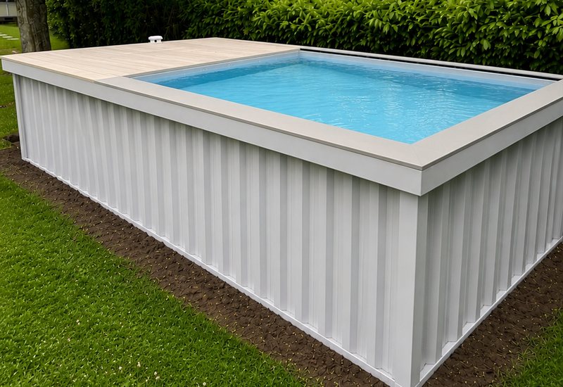 Piscine container Aquabox 4.30 hors sol avec plage détente sur la machinerie