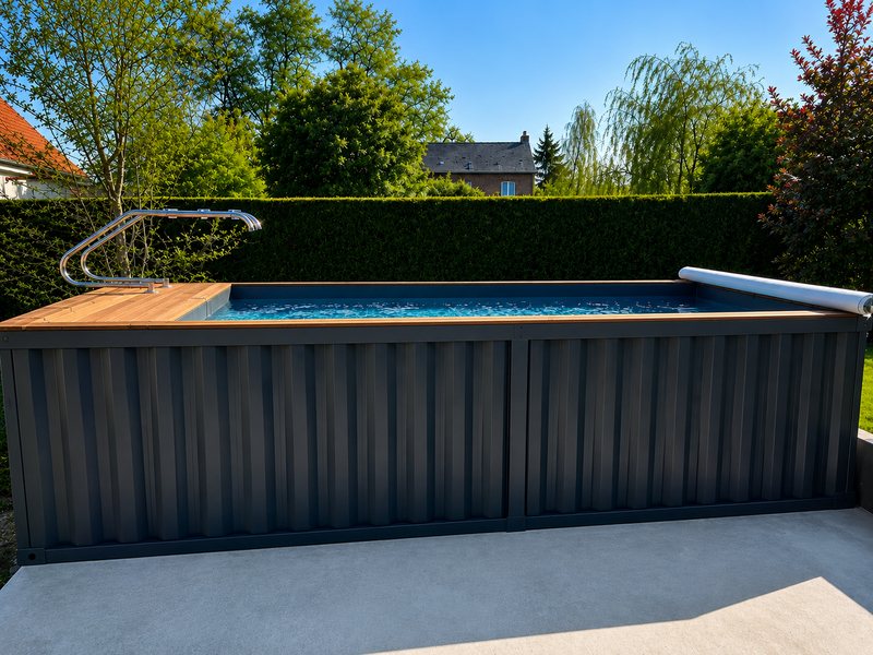 Piscine container Aquabox 5.00 hors sol, margelles bois et échelle inox